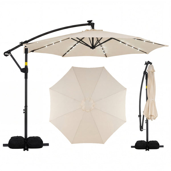 10 Feet Solar Offset Hanging Umbrella with Base and 32 LED Lights, photo 2 of 2