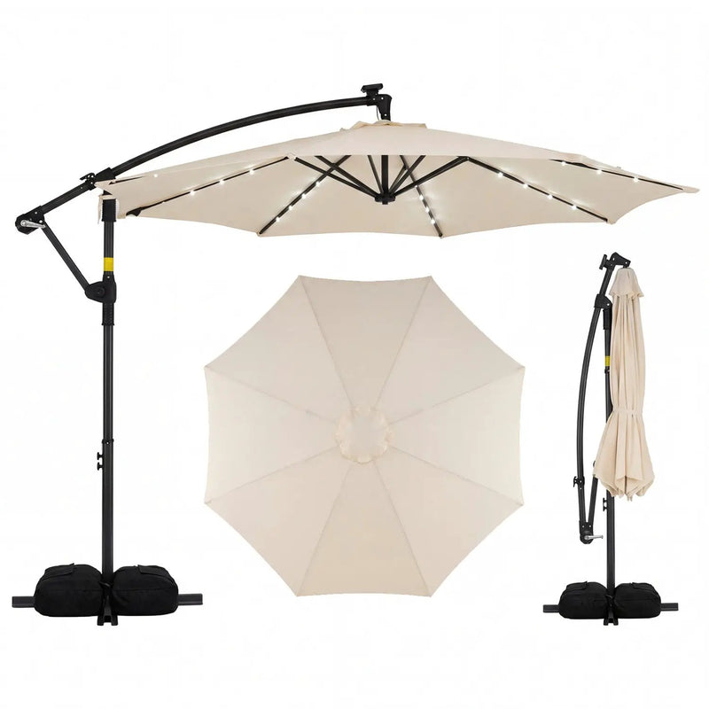 10 Feet Solar Offset Hanging Umbrella with Base and 32 LED Lights by DirectDeals