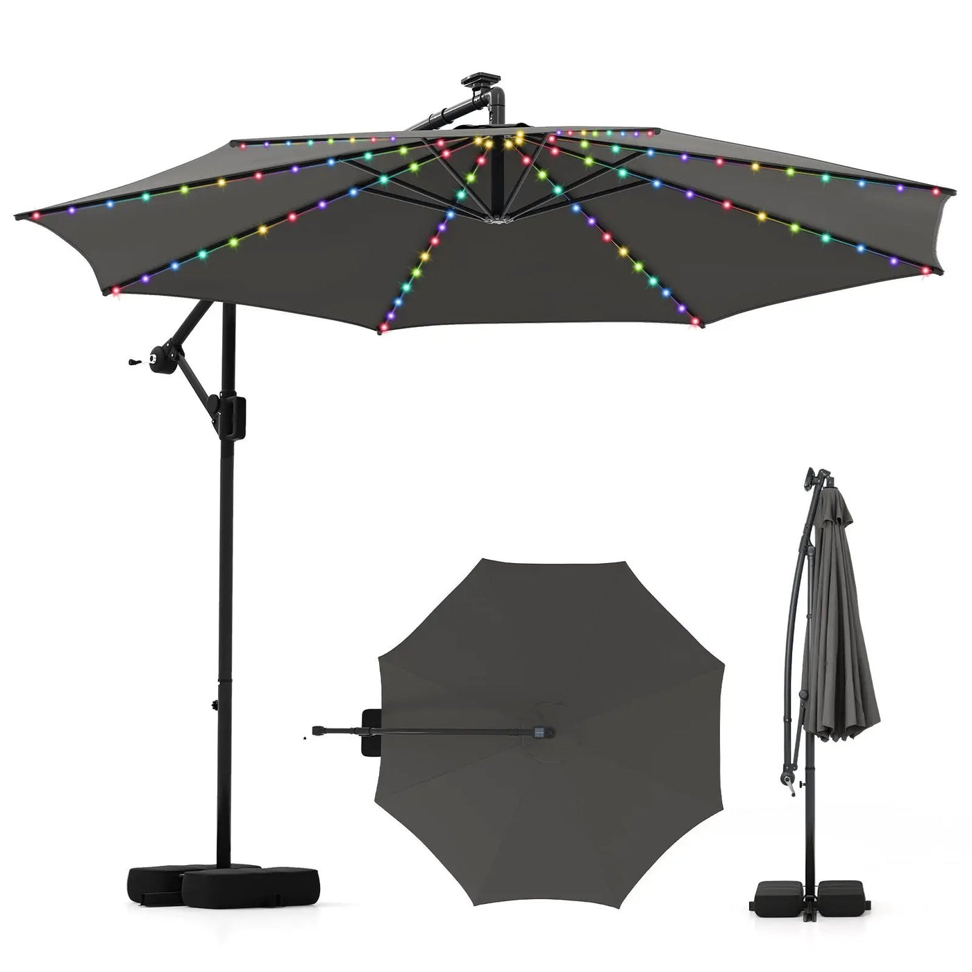 10 Feet Solar Offset Hanging Umbrella with Base and LED Lights by DirectDeals