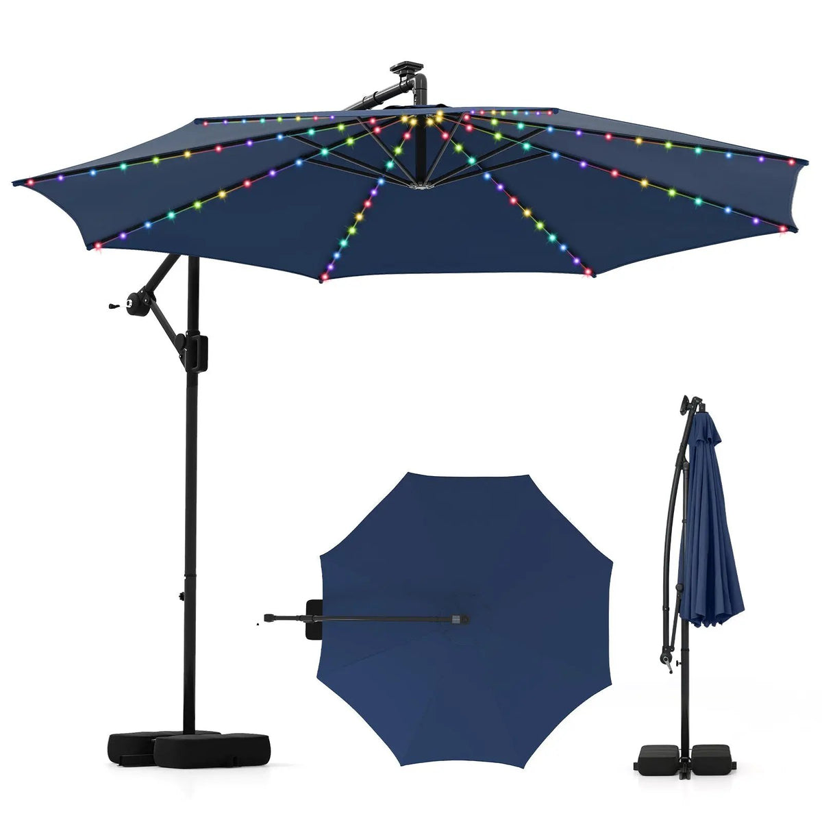 10 Feet Solar Offset Hanging Umbrella with Base and LED Lights by DirectDeals