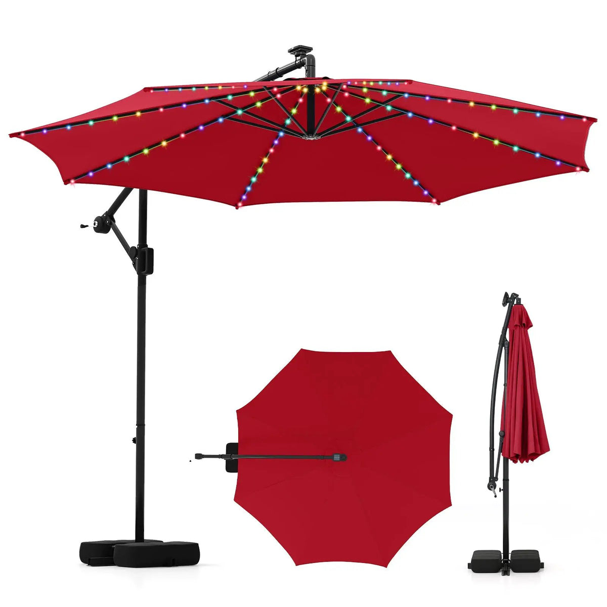 10 Feet Solar Offset Hanging Umbrella with Base and LED Lights by DirectDeals