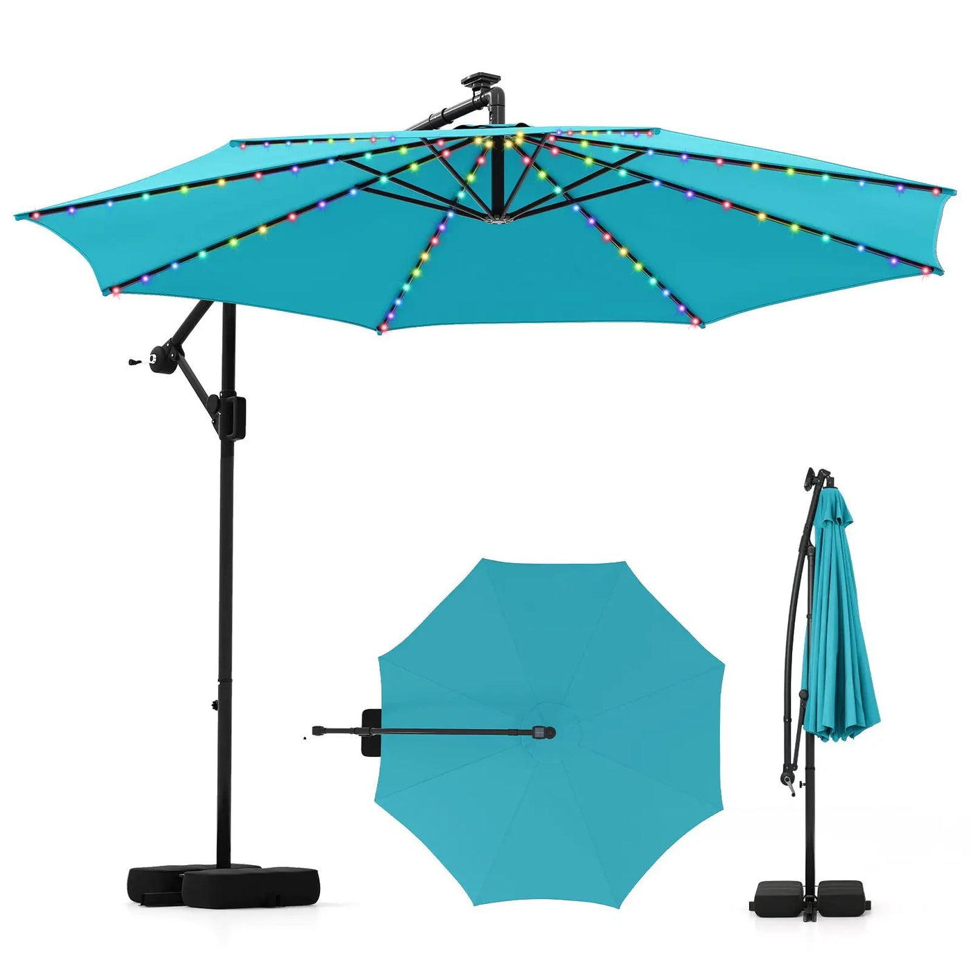 10 Feet Solar Offset Hanging Umbrella with Base and LED Lights by DirectDeals