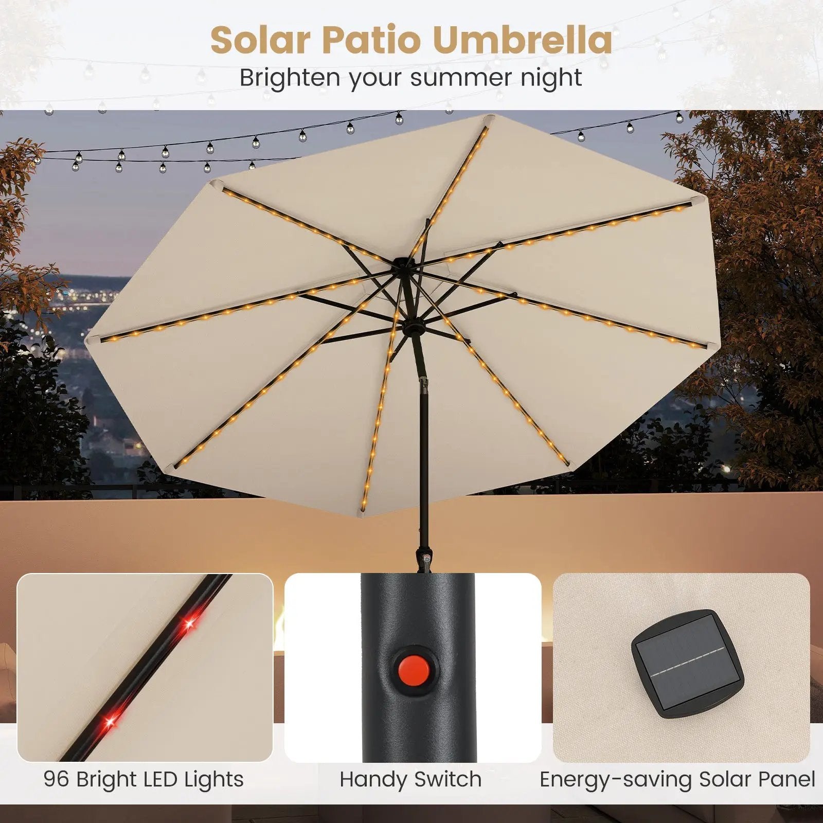 10 Feet Solar Patio Umbrella with 96 Multi-Colored Flowing LED Lights and Tilt Adjustment by DirectDeals