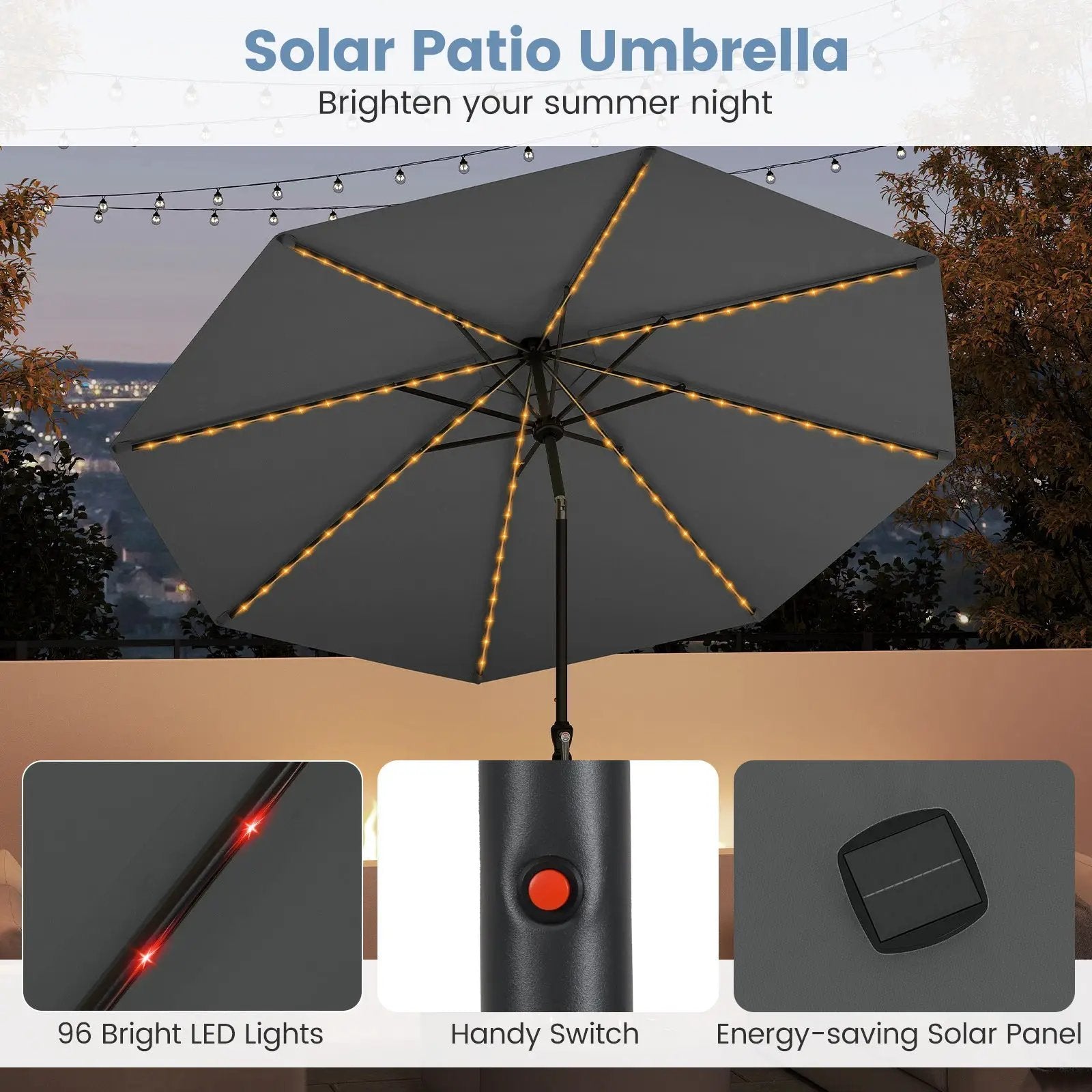 10 Feet Solar Patio Umbrella with 96 Multi-Colored Flowing LED Lights and Tilt Adjustment by DirectDeals