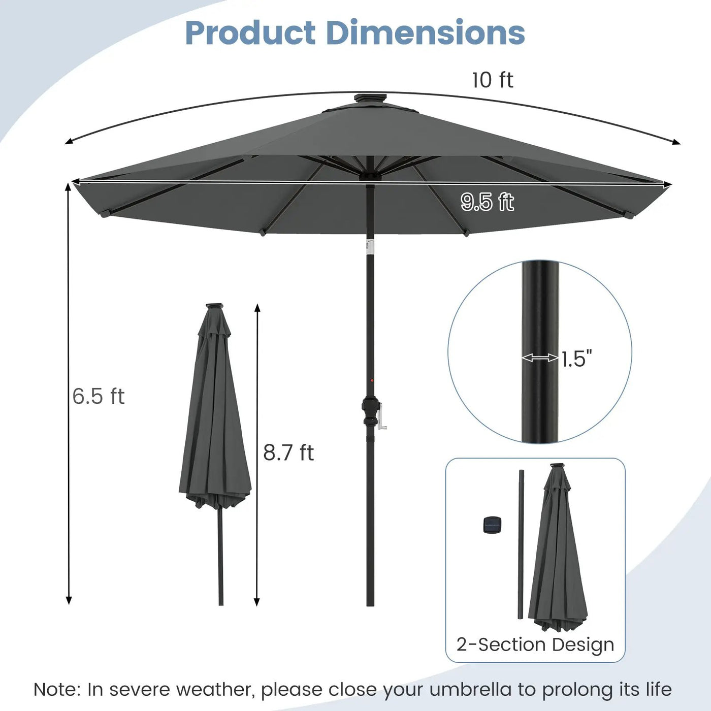 10 Feet Solar Patio Umbrella with 96 Multi-Colored Flowing LED Lights and Tilt Adjustment by DirectDeals