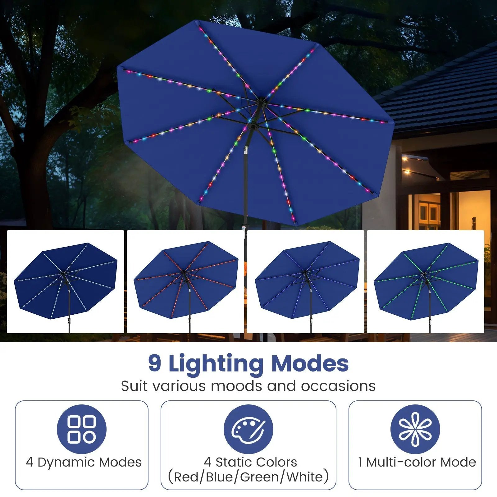 10 Feet Solar Patio Umbrella with 96 Multi-Colored Flowing LED Lights and Tilt Adjustment by DirectDeals