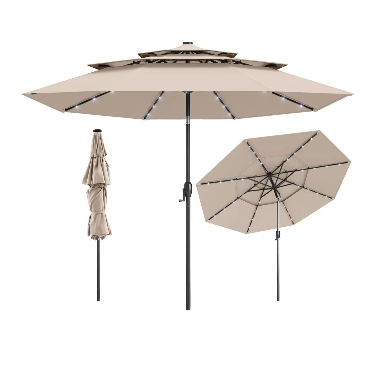 10 Feet Solar Patio Umbrella with 32 LED Lights 3-Tier Vented Top by DirectDeals
