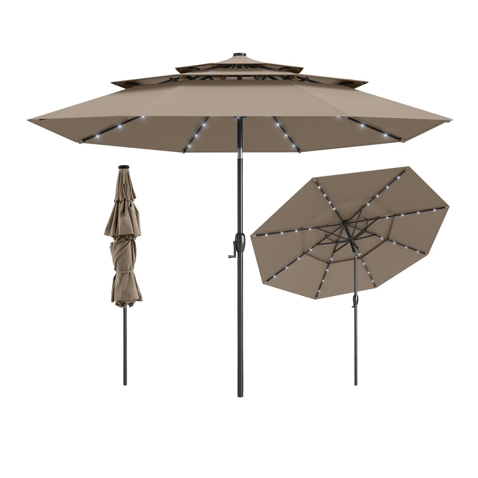 10 Feet Solar Patio Umbrella with 32 LED Lights 3-Tier Vented Top by DirectDeals