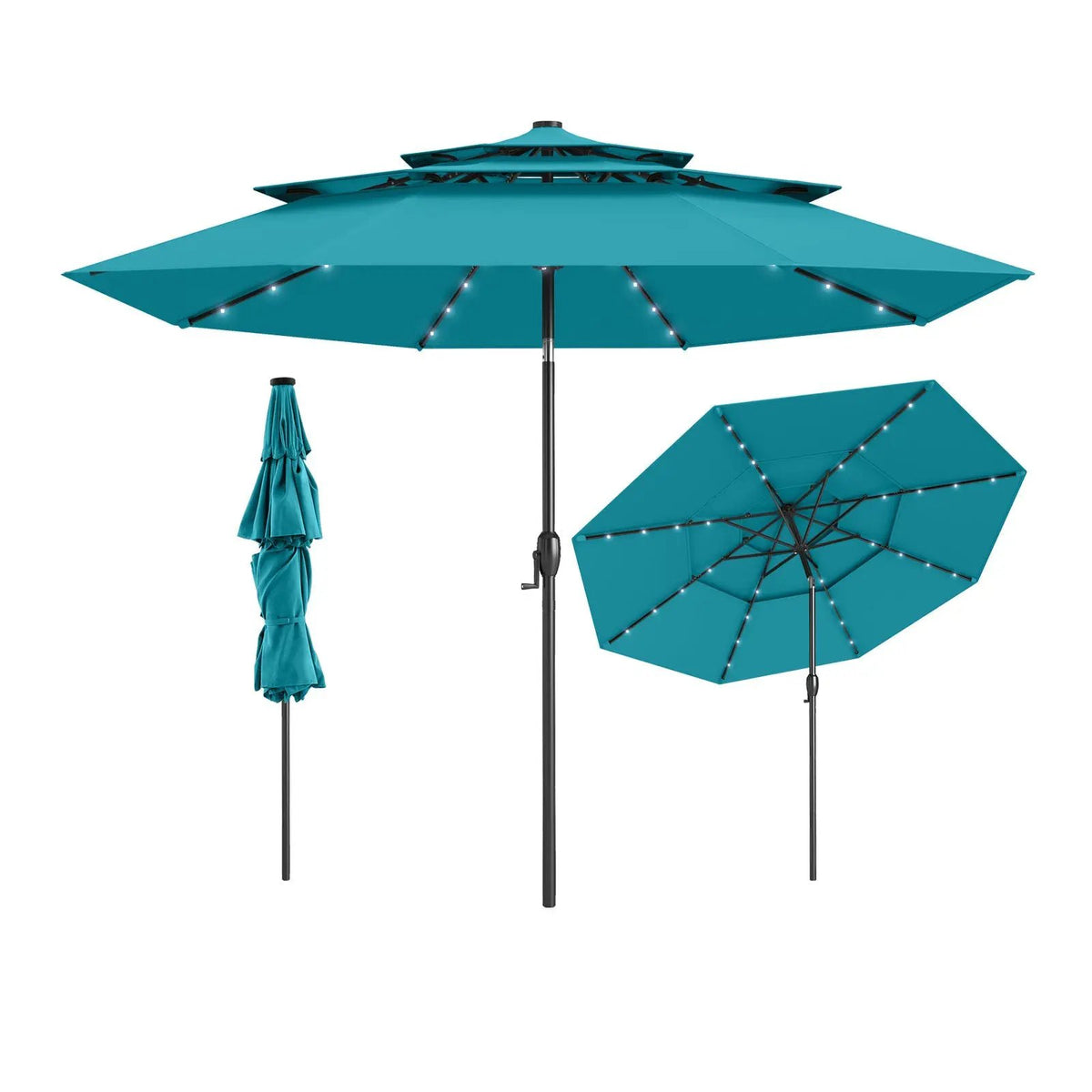 10 Feet Solar Patio Umbrella with 32 LED Lights 3-Tier Vented Top by DirectDeals