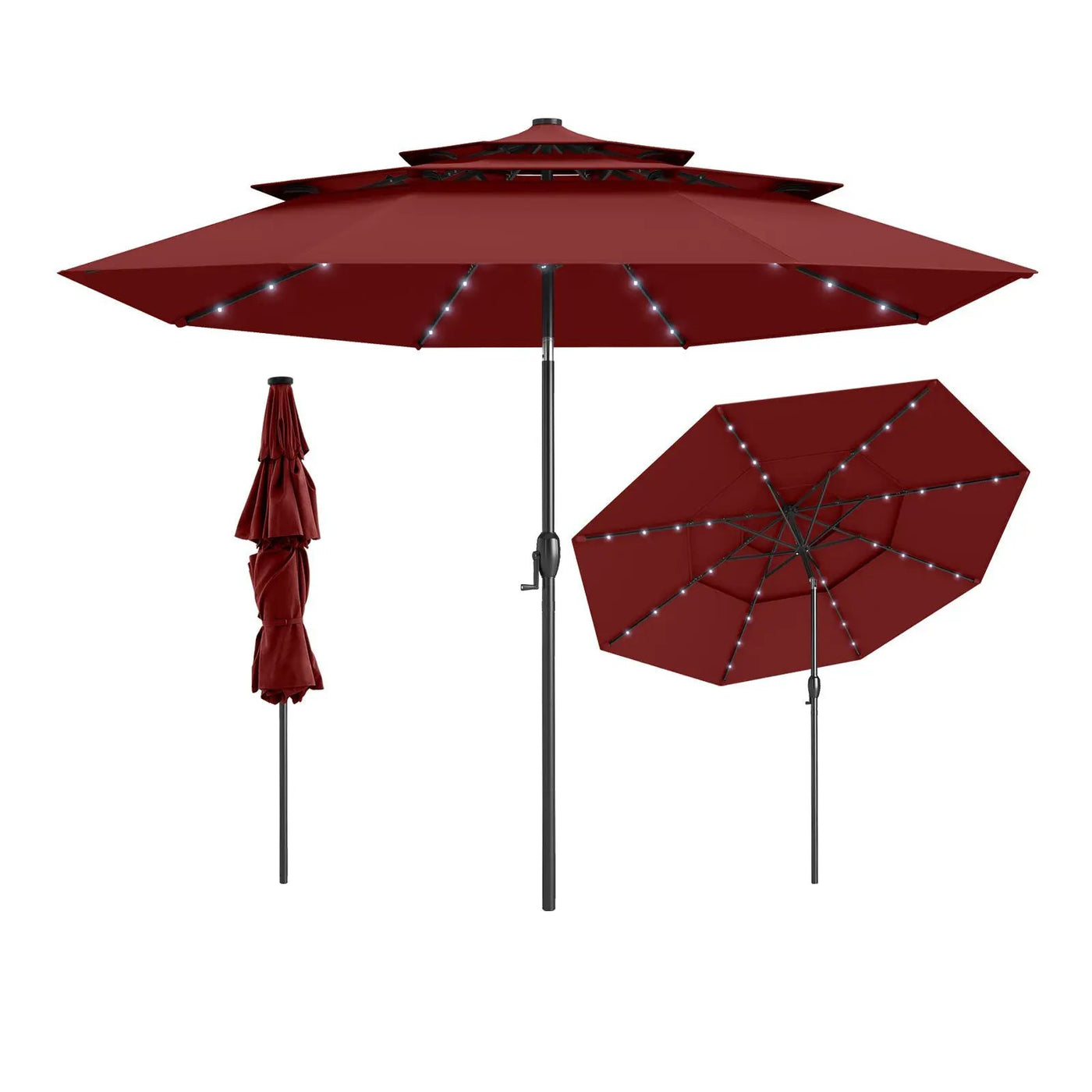 10 Feet Solar Patio Umbrella with 32 LED Lights 3-Tier Vented Top by DirectDeals