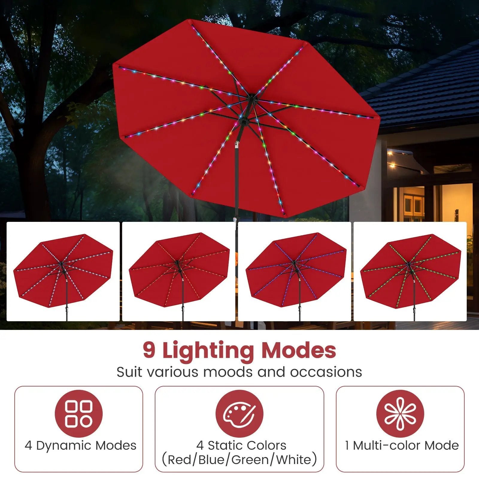 10 Feet Solar Patio Umbrella with 96 Multi-Colored Flowing LED Lights and Tilt Adjustment by DirectDeals