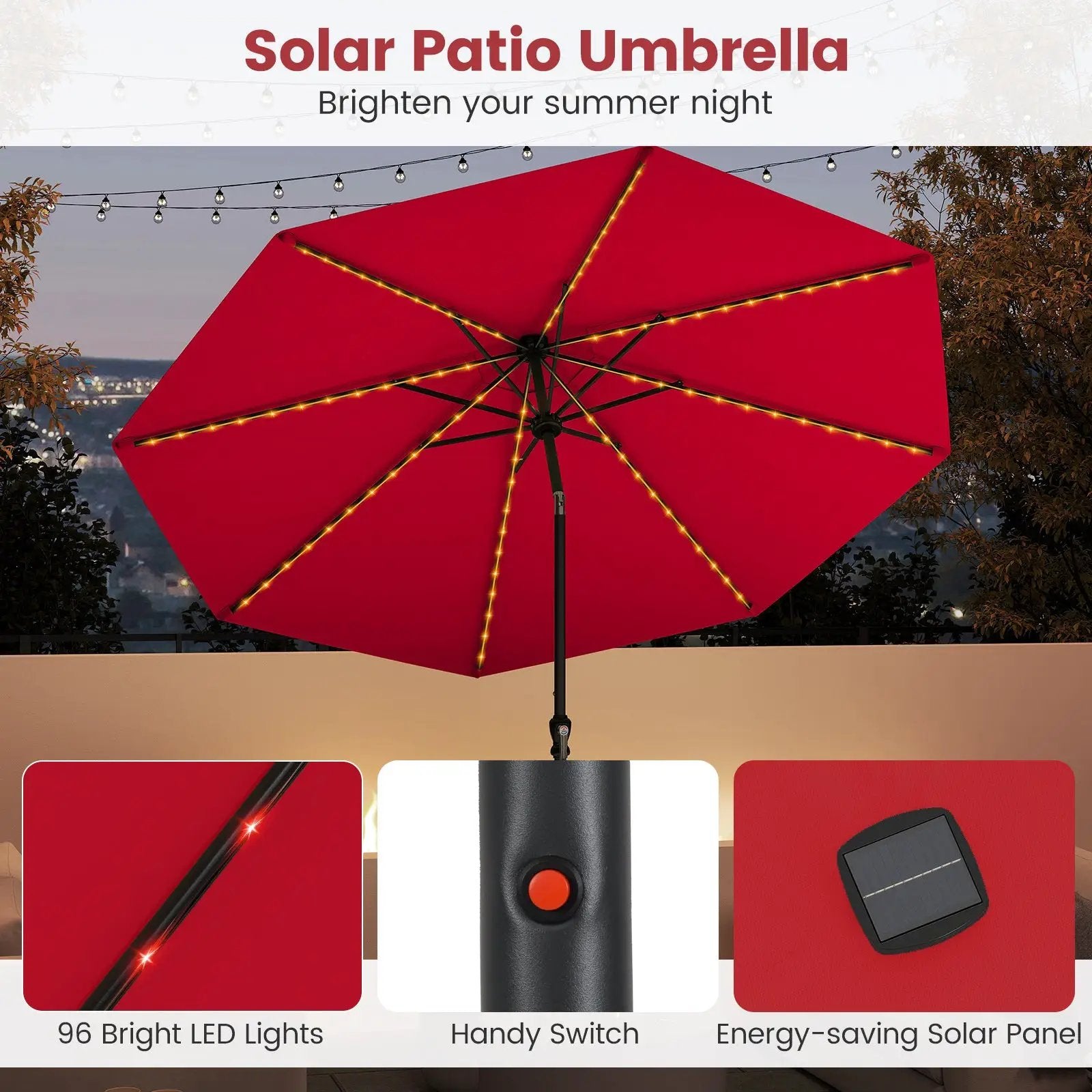 10 Feet Solar Patio Umbrella with 96 Multi-Colored Flowing LED Lights and Tilt Adjustment by DirectDeals
