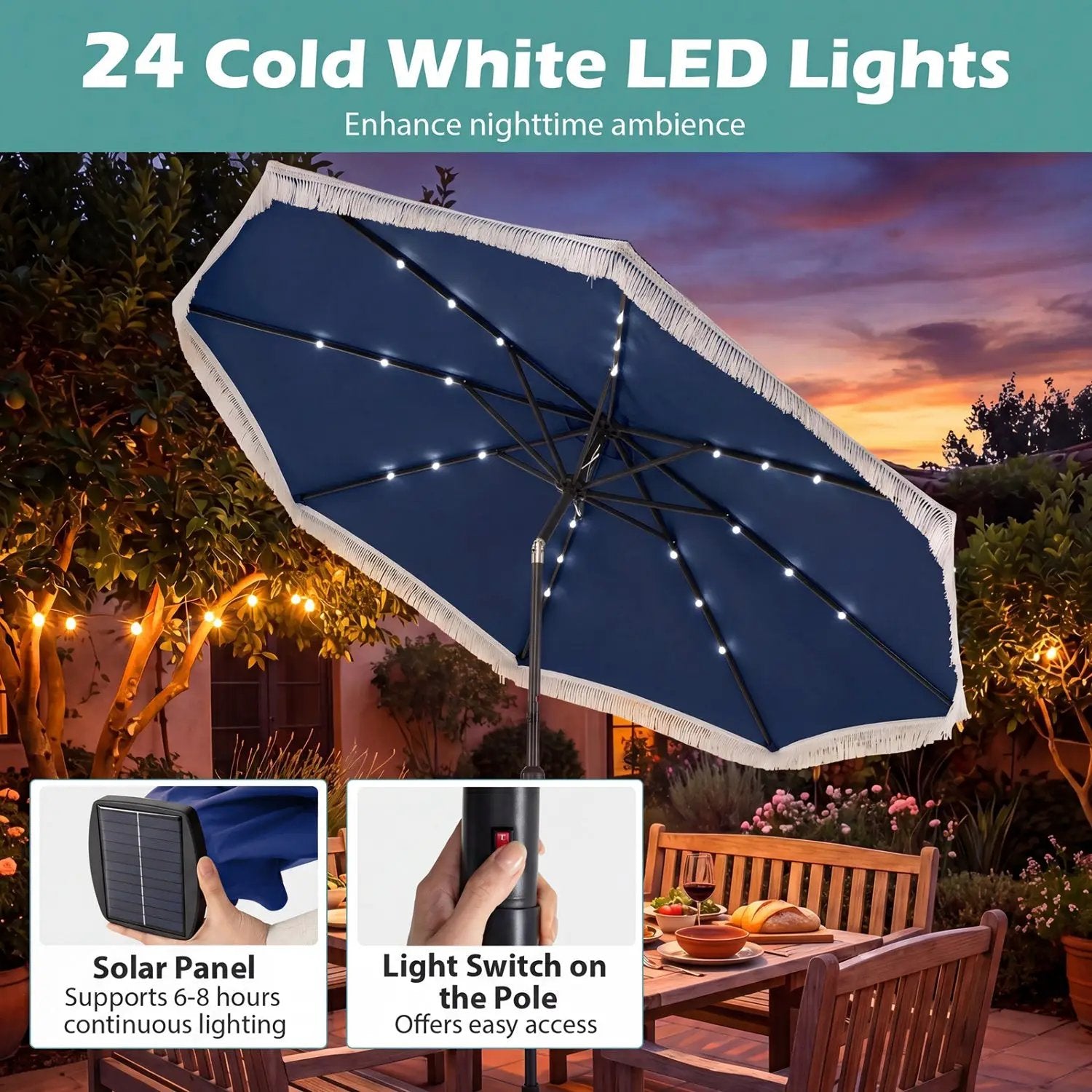 10 Feet Solar Patio Umbrella with 24 LED Lights for Yard by DirectDeals