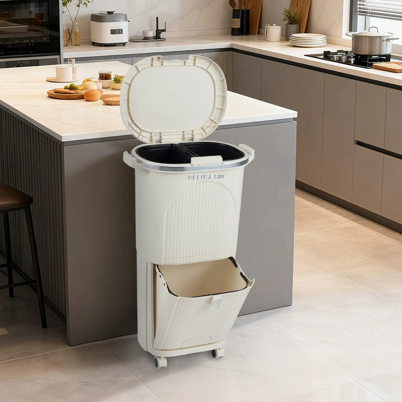 10 Gallon Kitchen Trash Can Double-Layer with Lid and 2 Removable Buckets-Beige by DirectDeals