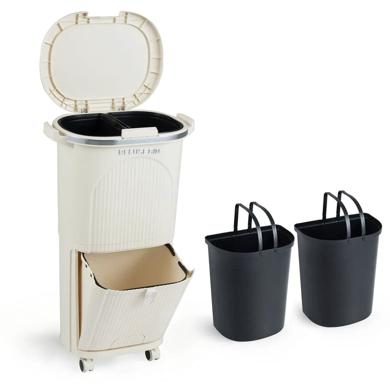 10 Gallon Kitchen Trash Can Double-Layer with Lid and 2 Removable Buckets-Beige by DirectDeals