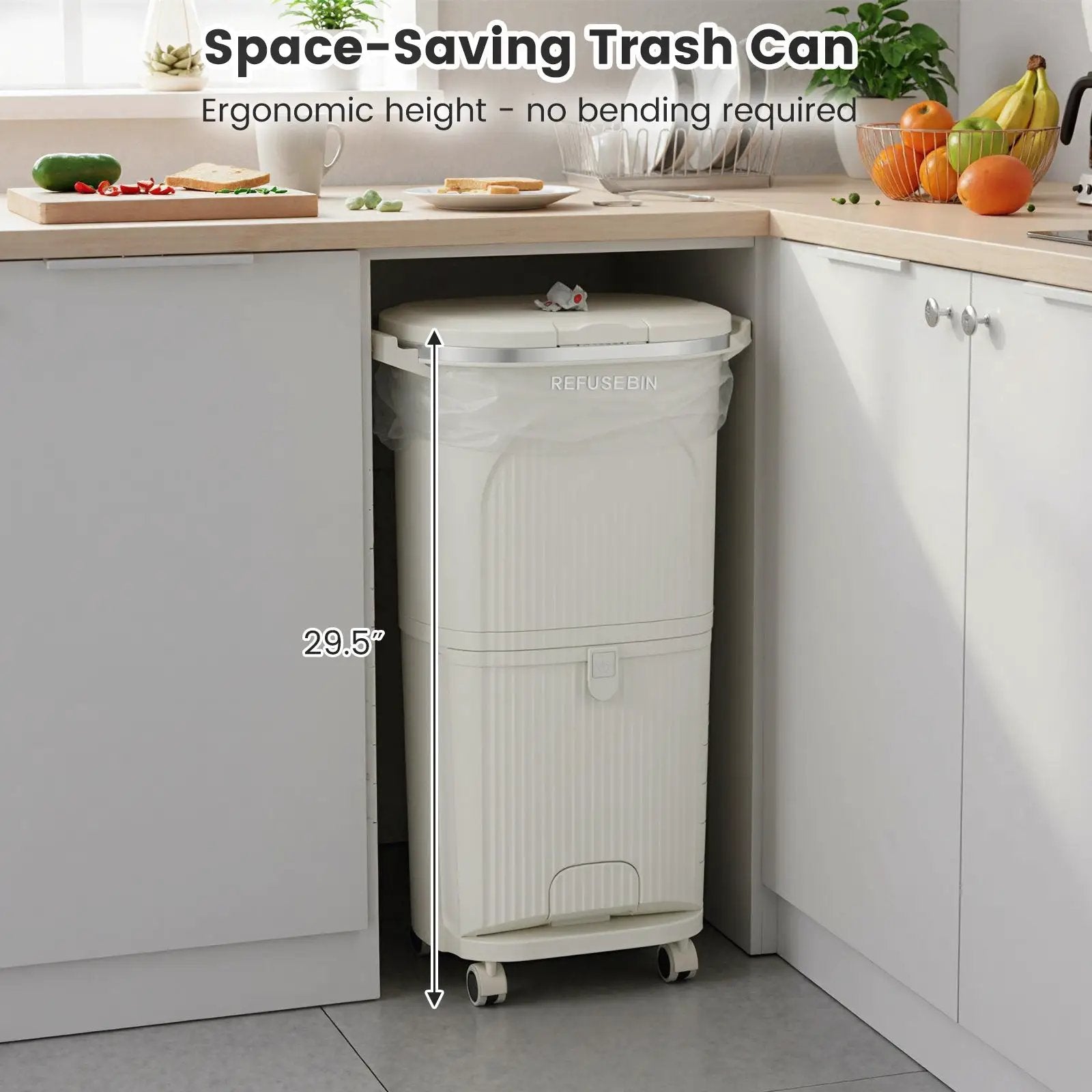 10 Gallon Kitchen Trash Can Double-Layer with Lid and 2 Removable Buckets-Beige by DirectDeals