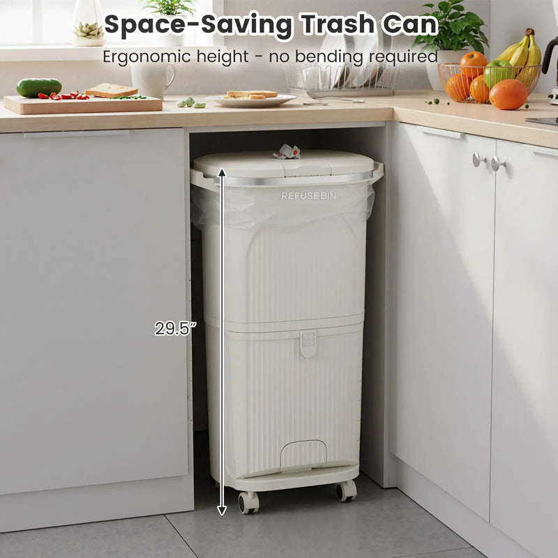 10 Gallon Kitchen Trash Can Double-Layer with Lid and 2 Removable Buckets-Beige by DirectDeals