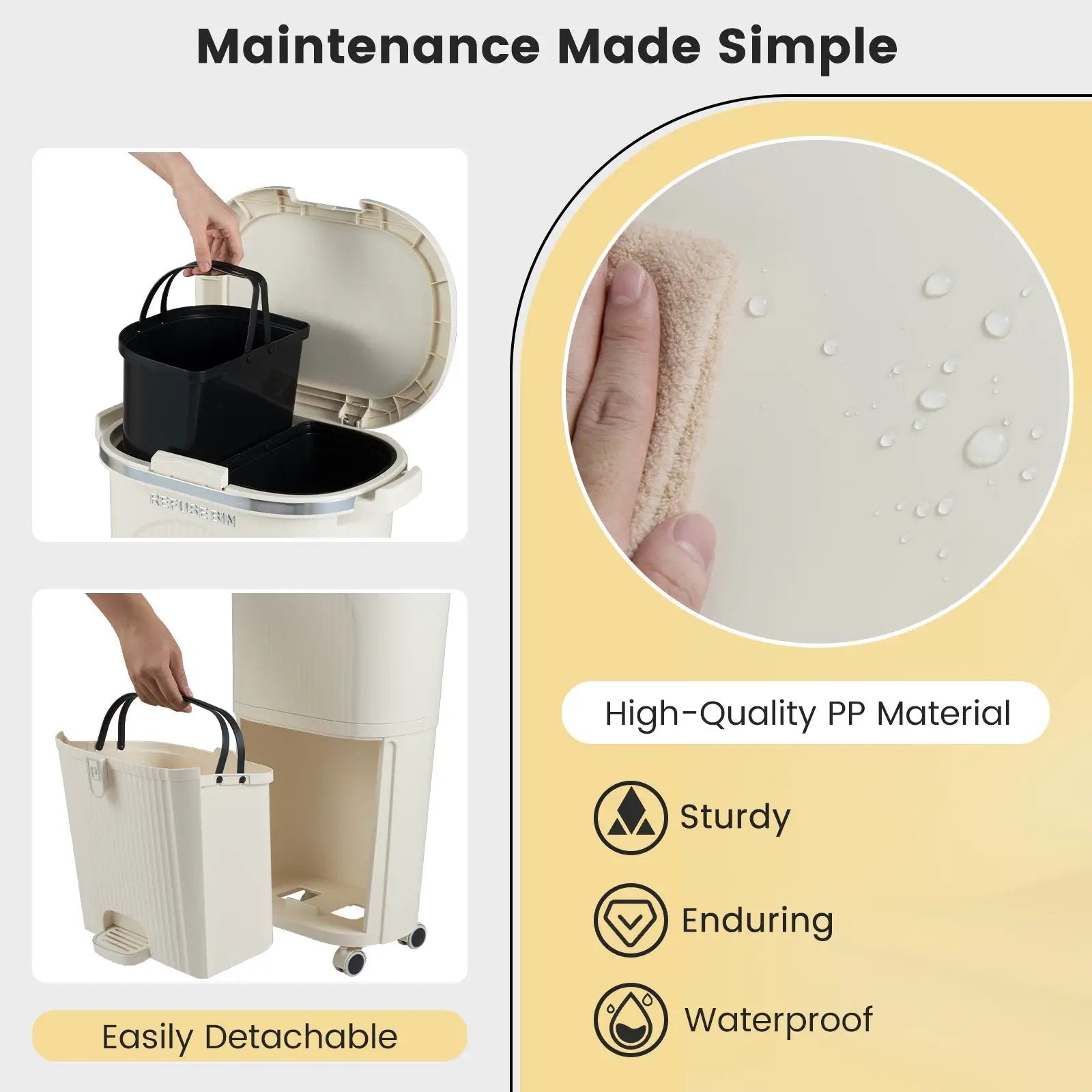 10 Gallon Kitchen Trash Can Double-Layer with Lid and 2 Removable Buckets-Beige by DirectDeals