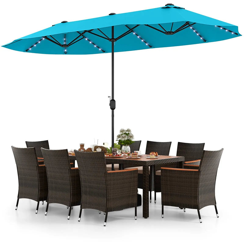 10 Piece Outdoor Dining Set with 15 Feet Double-Sided Twin Patio Umbrella by DirectDeals