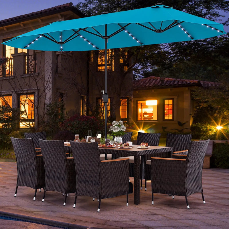 10 Piece Outdoor Dining Set with 15 Feet Double-Sided Twin Patio Umbrella by DirectDeals