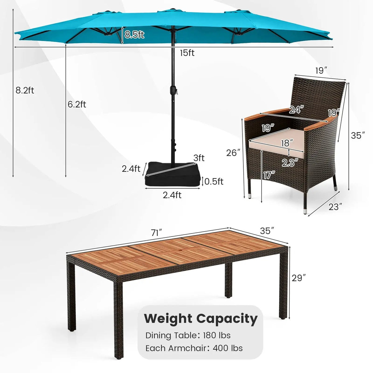 10 Piece Outdoor Dining Set with 15 Feet Double-Sided Twin Patio Umbrella by DirectDeals