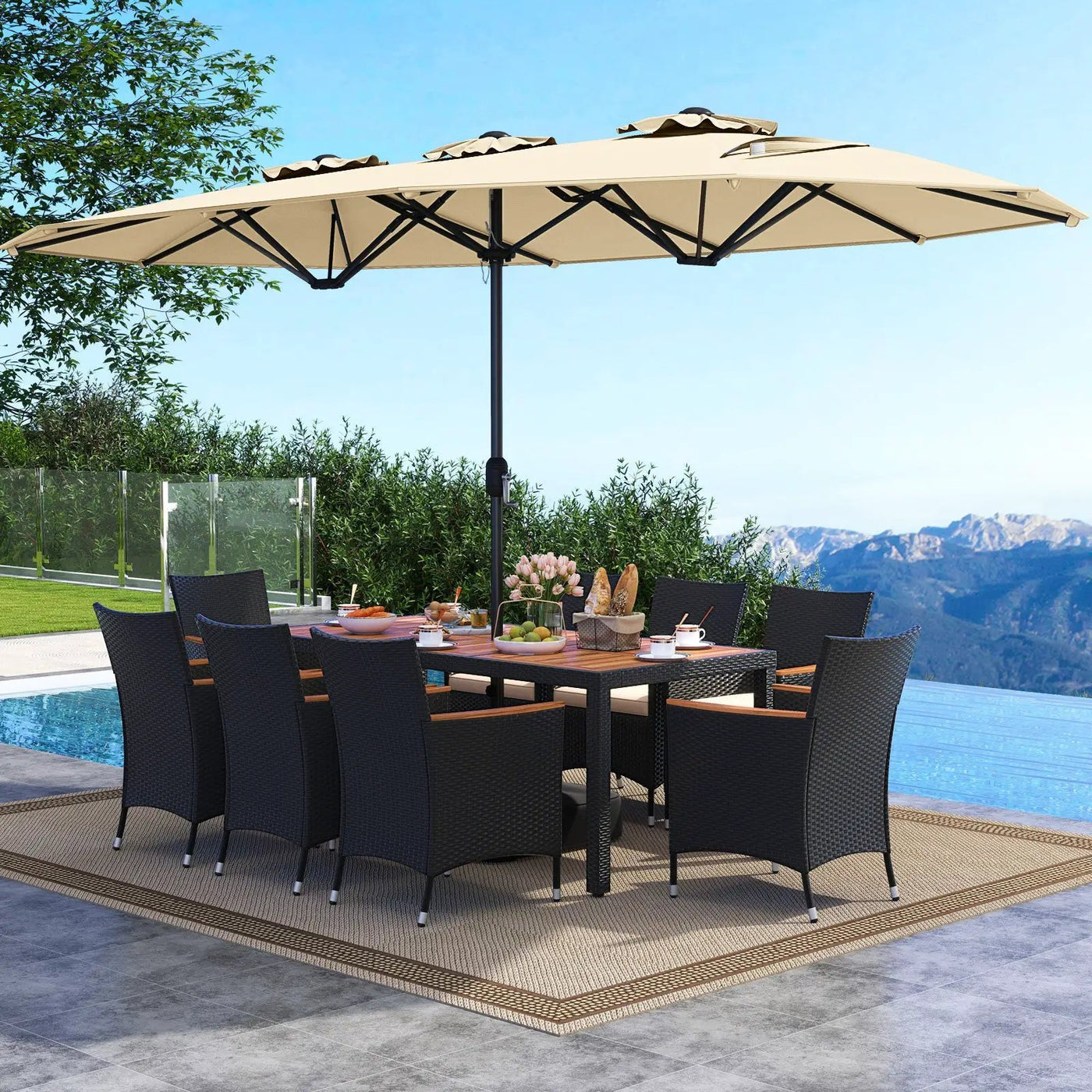 10 Piece Outdoor Dining Set with 15 Feet Double-Sided Twin Umbrella by DirectDeals