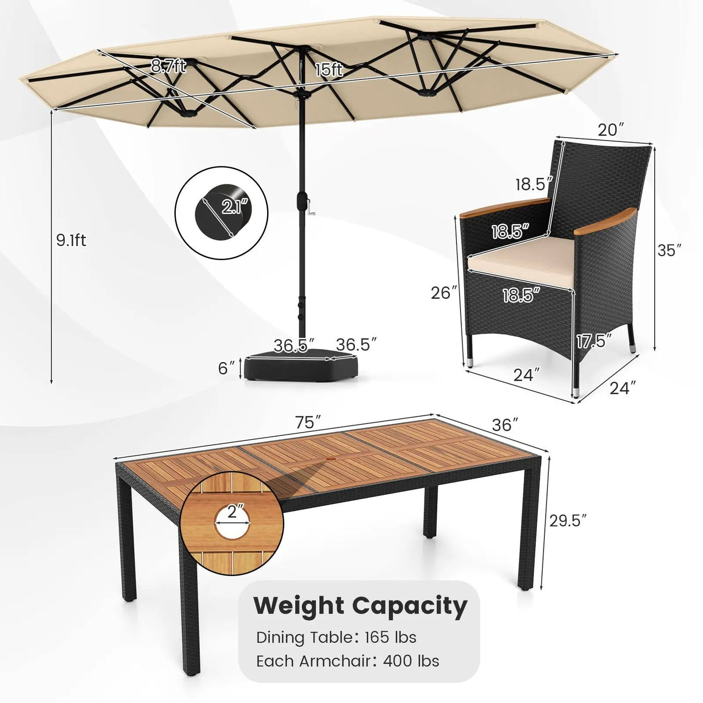 10 Piece Outdoor Dining Set with 15 Feet Double-Sided Twin Umbrella by DirectDeals
