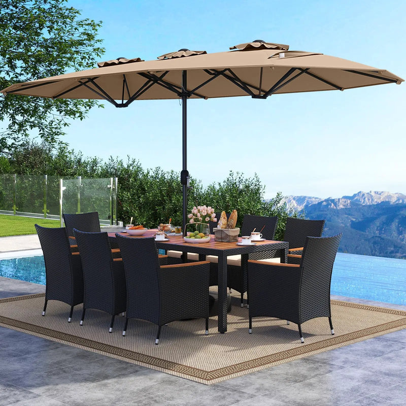 10 Piece Outdoor Dining Set with 15 Feet Double-Sided Twin Umbrella by DirectDeals
