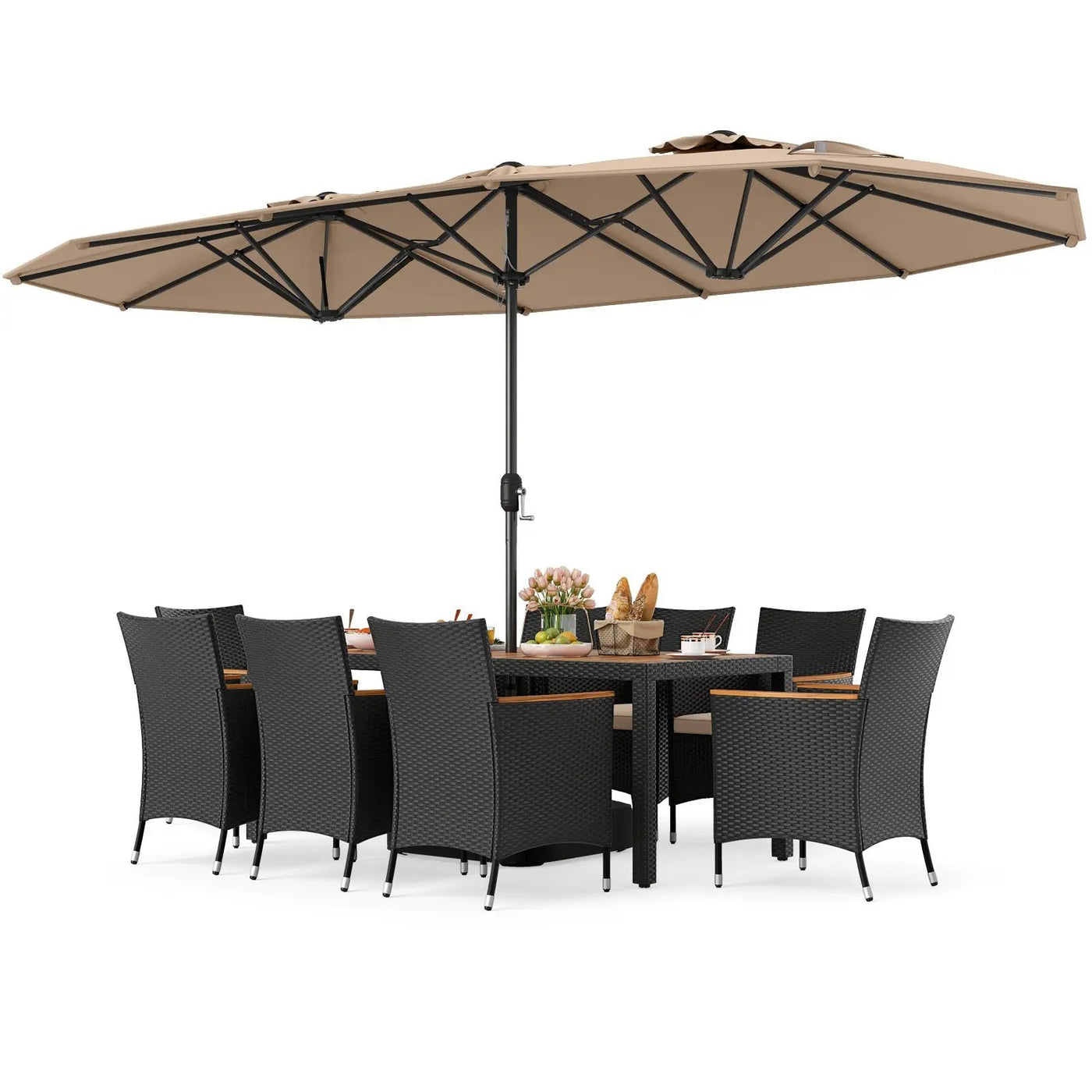 10 Piece Outdoor Dining Set with 15 Feet Double-Sided Twin Umbrella by DirectDeals
