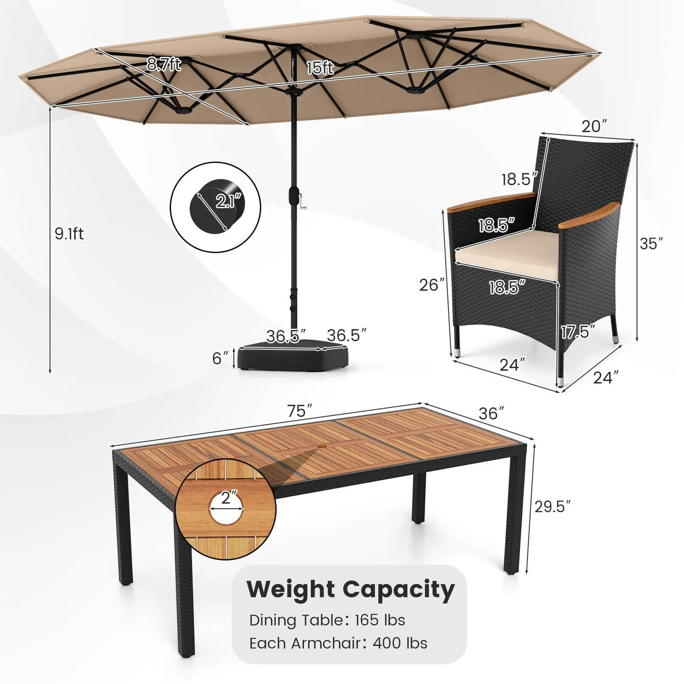 10 Piece Outdoor Dining Set with 15 Feet Double-Sided Twin Umbrella by DirectDeals