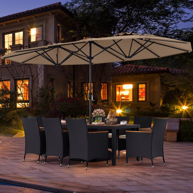 10 Piece Outdoor Dining Set with 15 Feet Double-Sided Twin Umbrella by DirectDeals