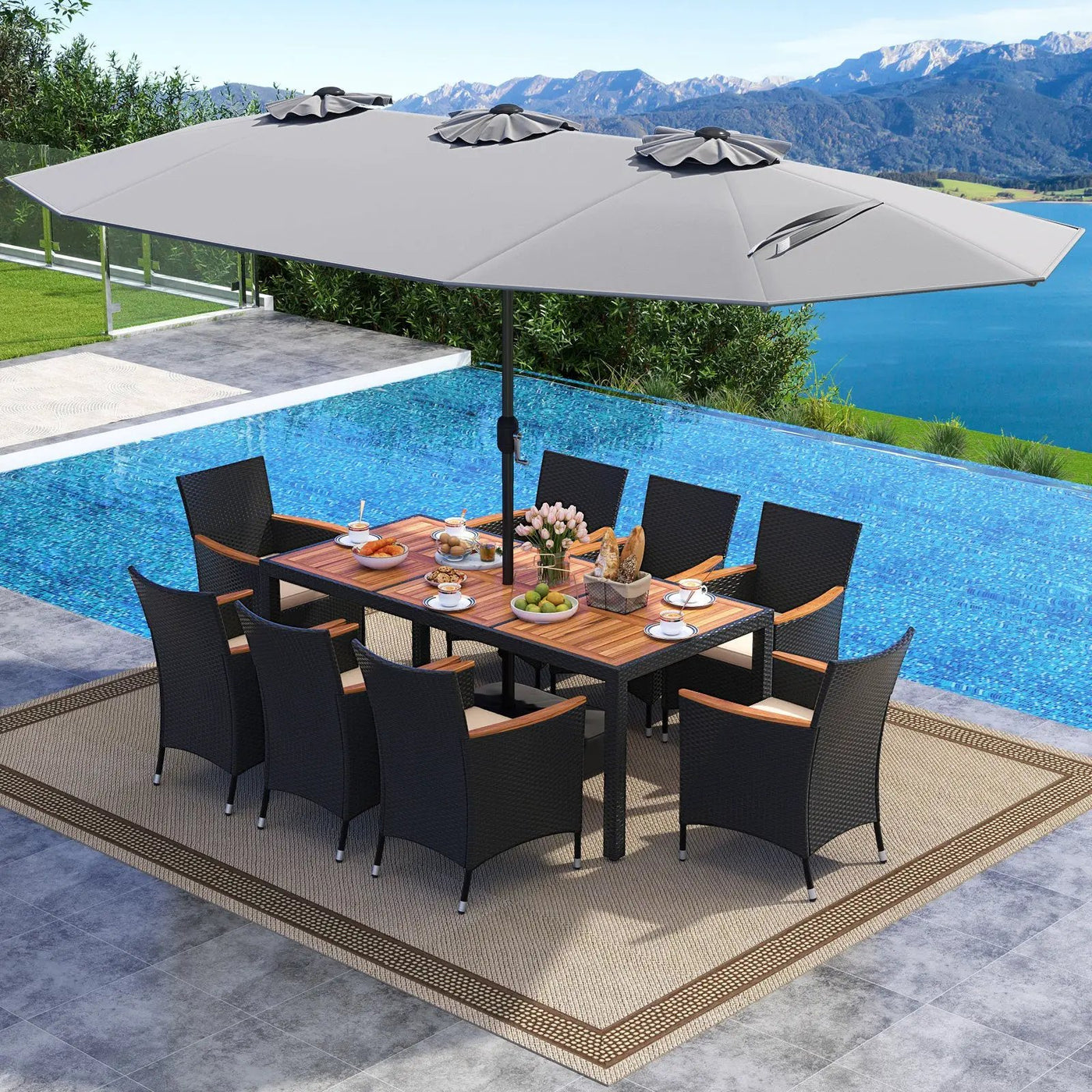 10 Piece Outdoor Dining Set with 15 Feet Double-Sided Twin Umbrella by DirectDeals