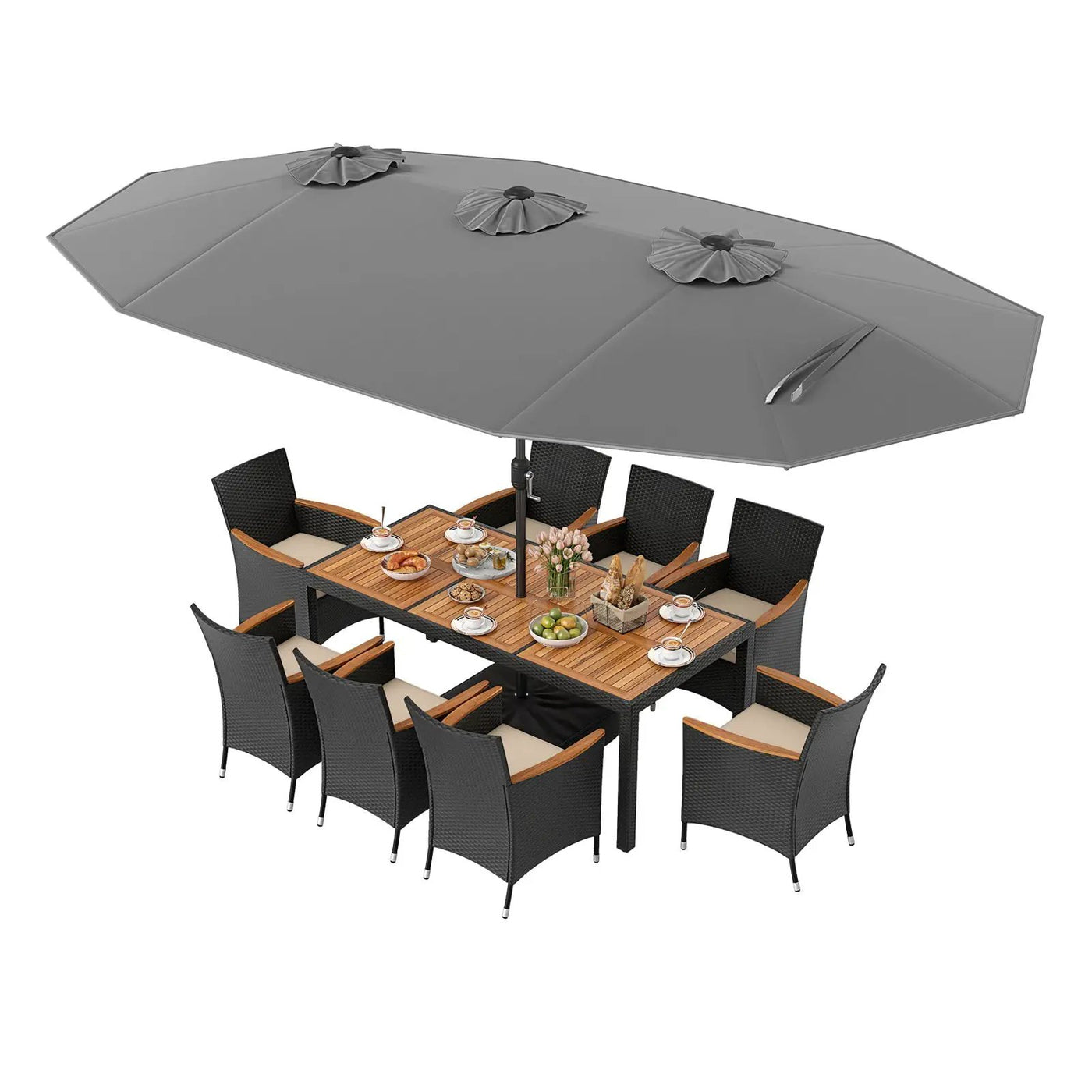 10 Piece Outdoor Dining Set with 15 Feet Double-Sided Twin Umbrella by DirectDeals