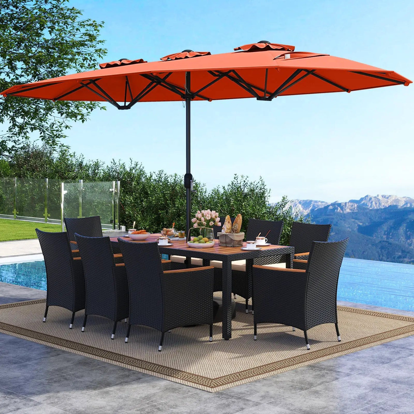 10 Piece Outdoor Dining Set with 15 Feet Double-Sided Twin Umbrella by DirectDeals