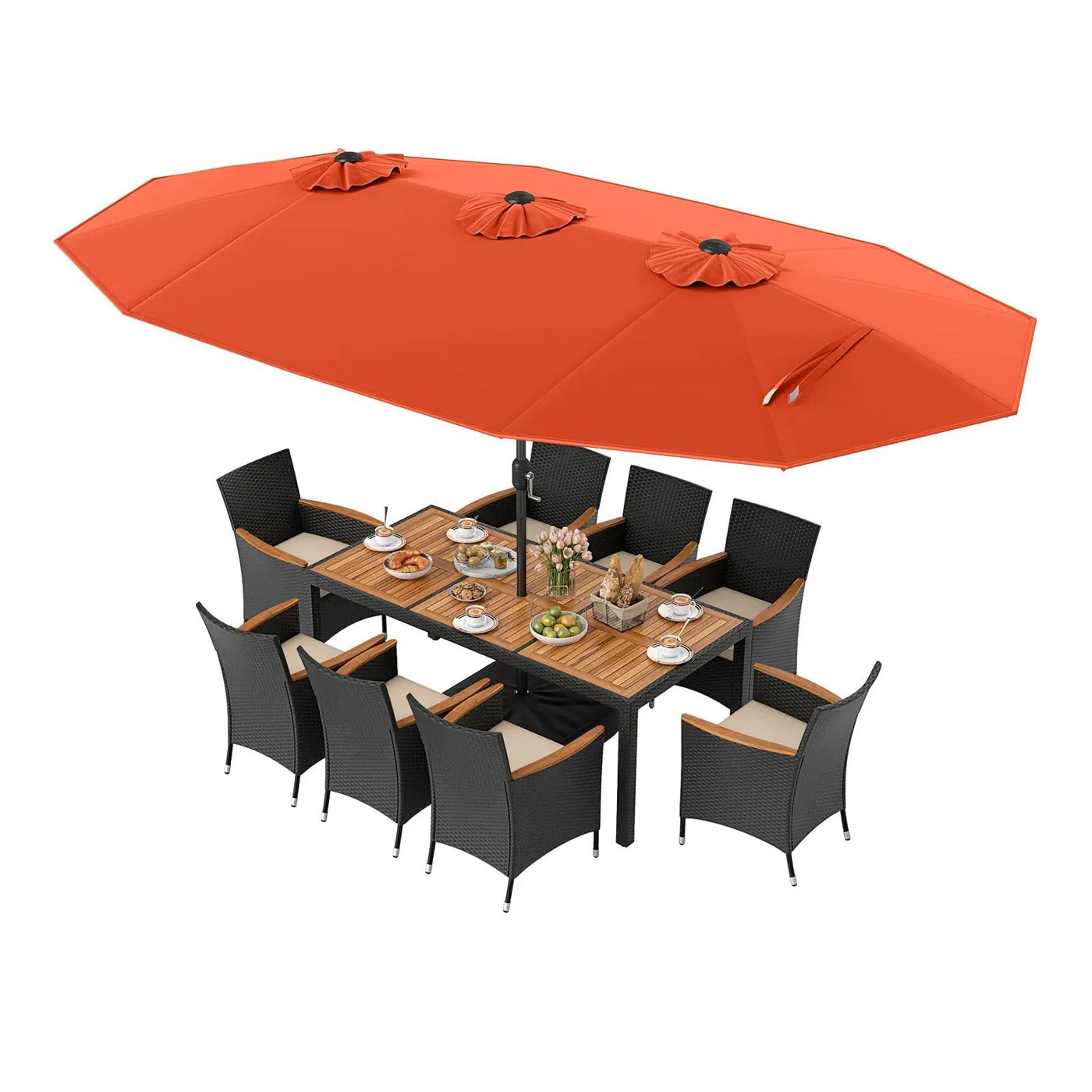 10 Piece Outdoor Dining Set with 15 Feet Double-Sided Twin Umbrella by DirectDeals