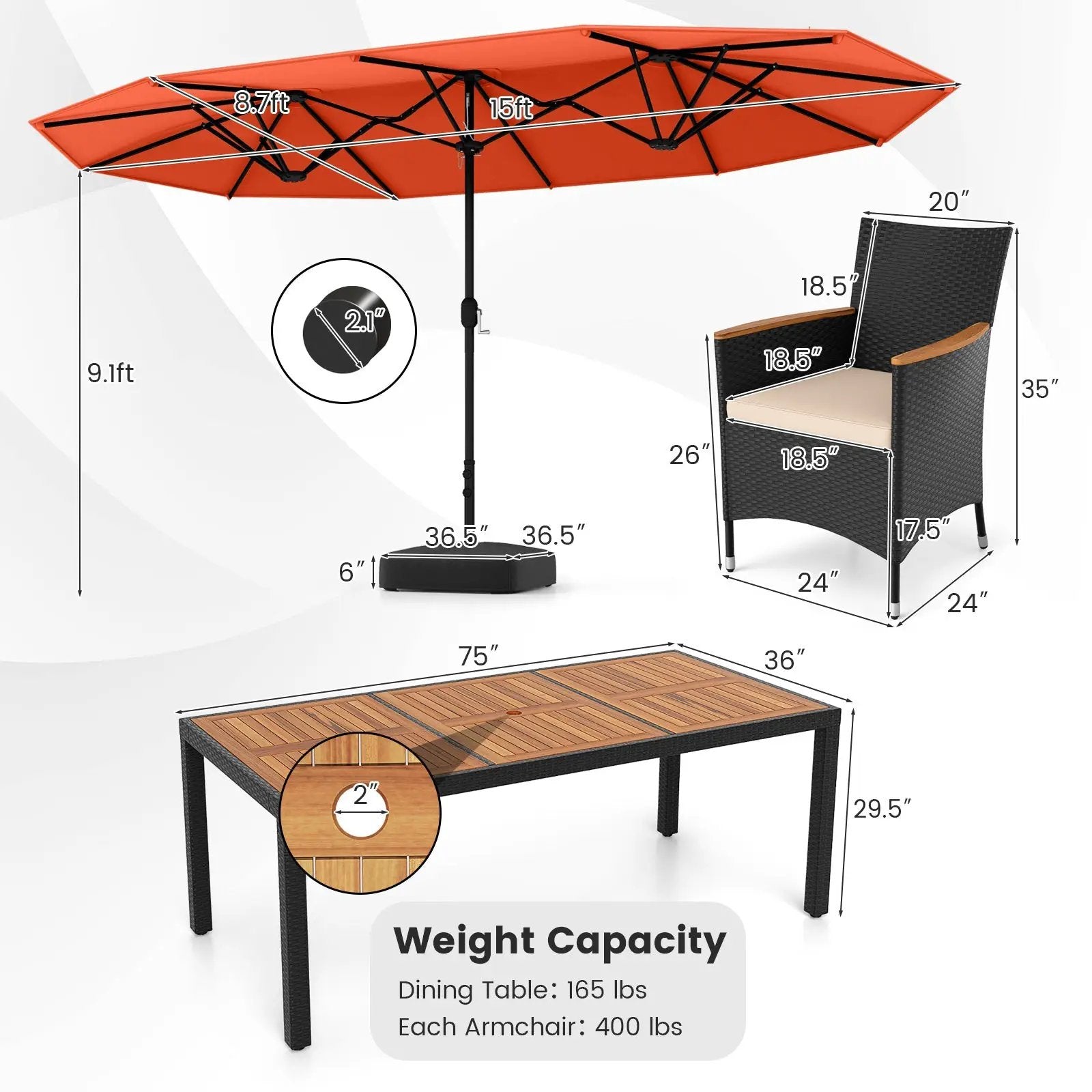 10 Piece Outdoor Dining Set with 15 Feet Double-Sided Twin Umbrella by DirectDeals