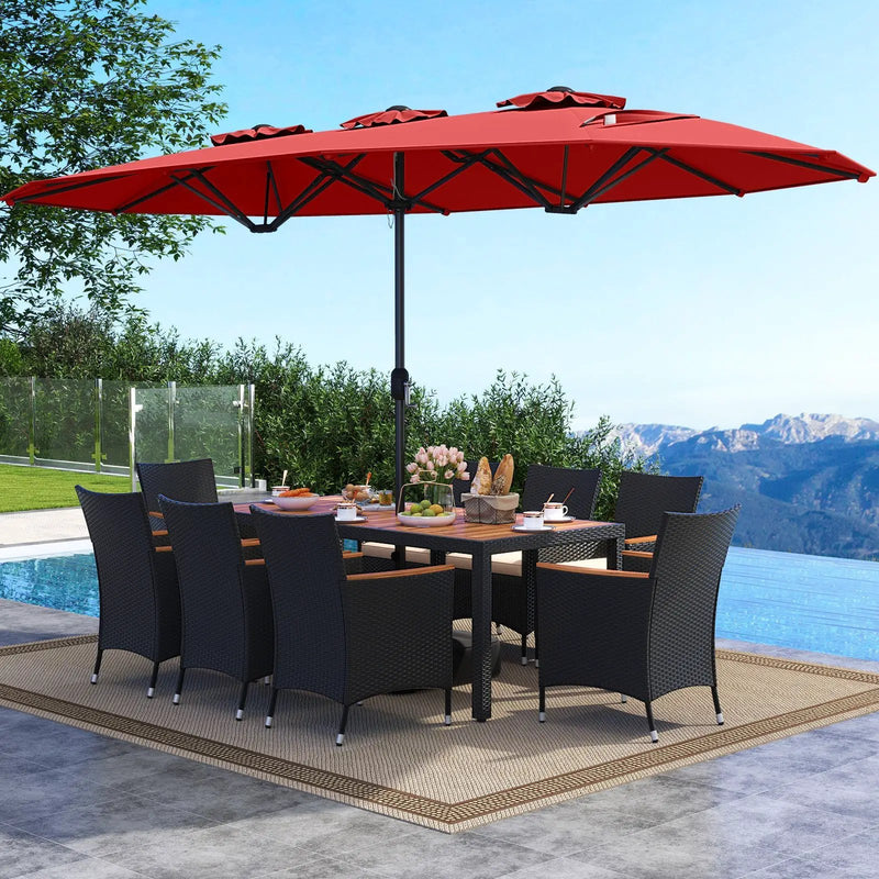 10 Piece Outdoor Dining Set with 15 Feet Double-Sided Twin Umbrella by DirectDeals