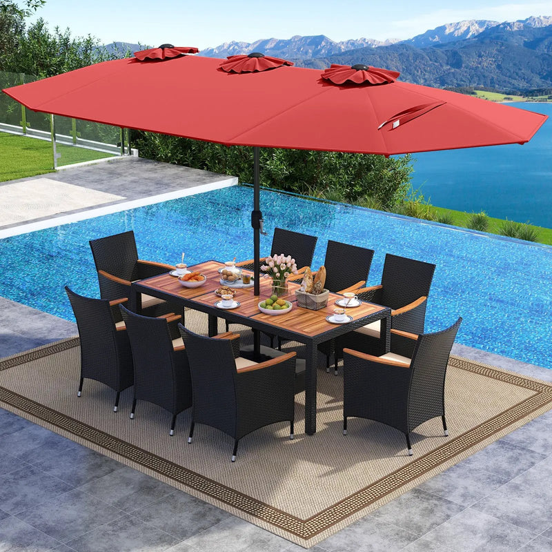 10 Piece Outdoor Dining Set with 15 Feet Double-Sided Twin Umbrella by DirectDeals