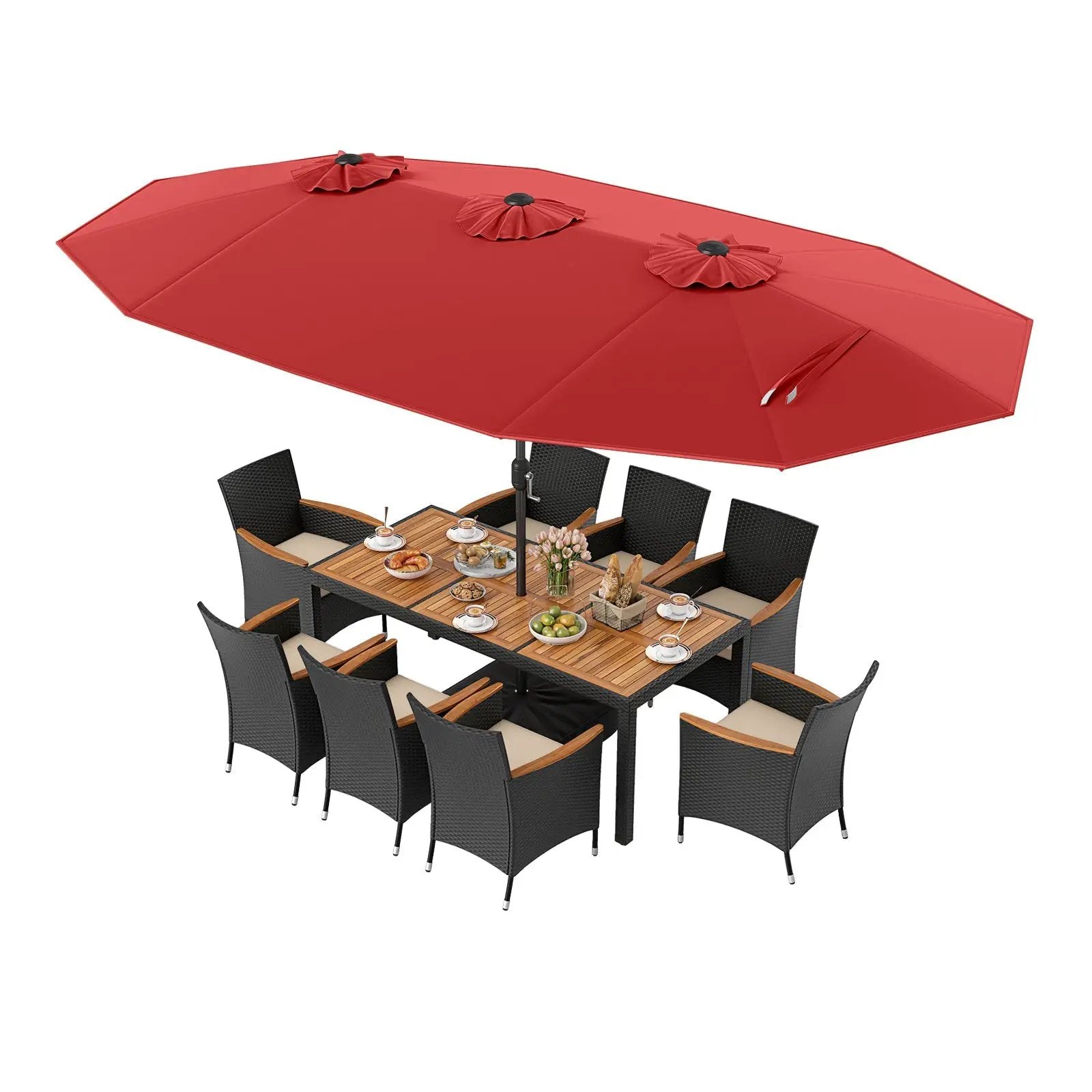 10 Piece Outdoor Dining Set with 15 Feet Double-Sided Twin Umbrella by DirectDeals