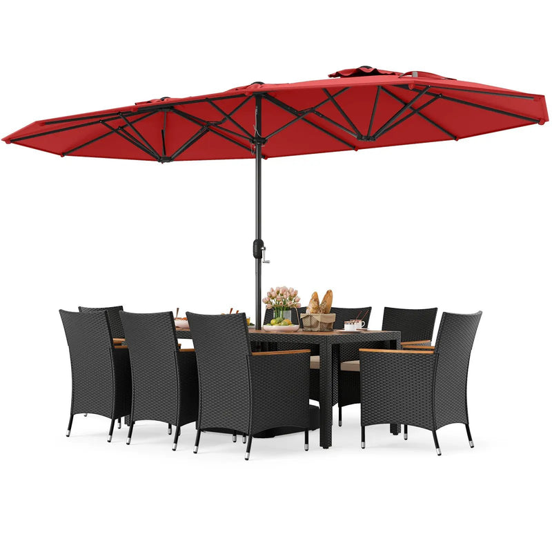 10 Piece Outdoor Dining Set with 15 Feet Double-Sided Twin Umbrella by DirectDeals