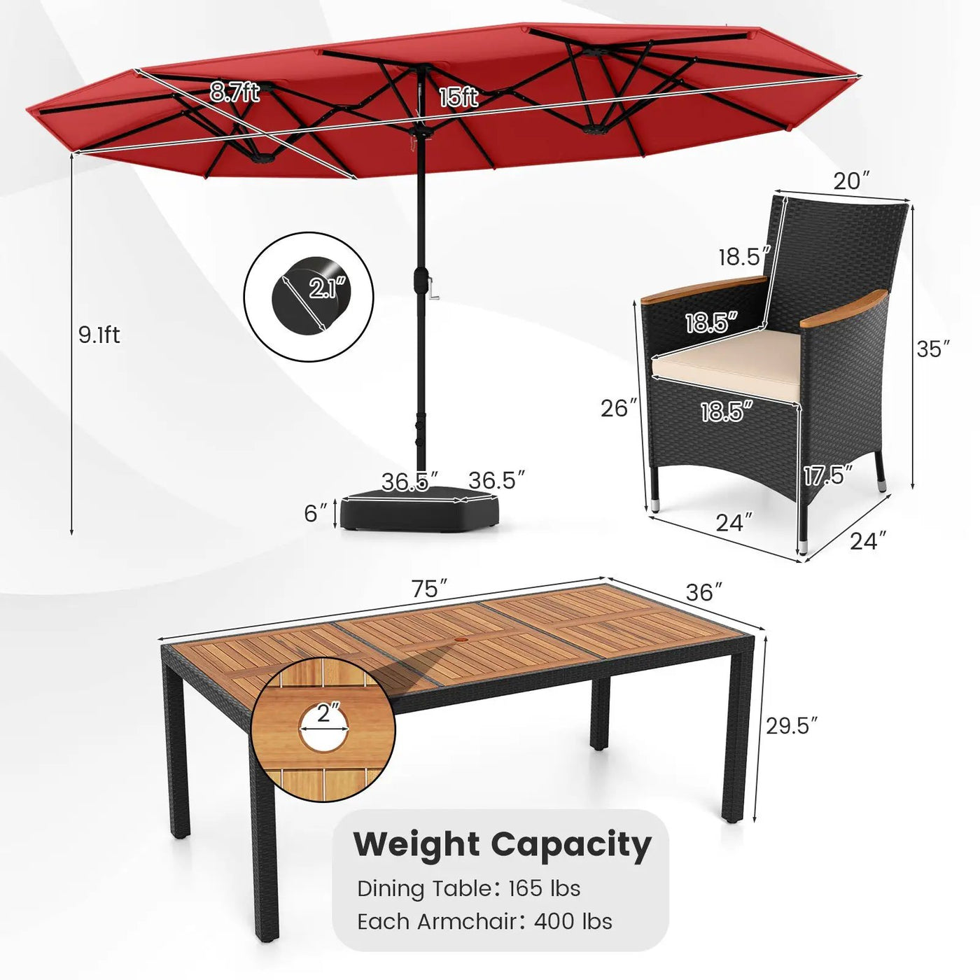10 Piece Outdoor Dining Set with 15 Feet Double-Sided Twin Umbrella by DirectDeals