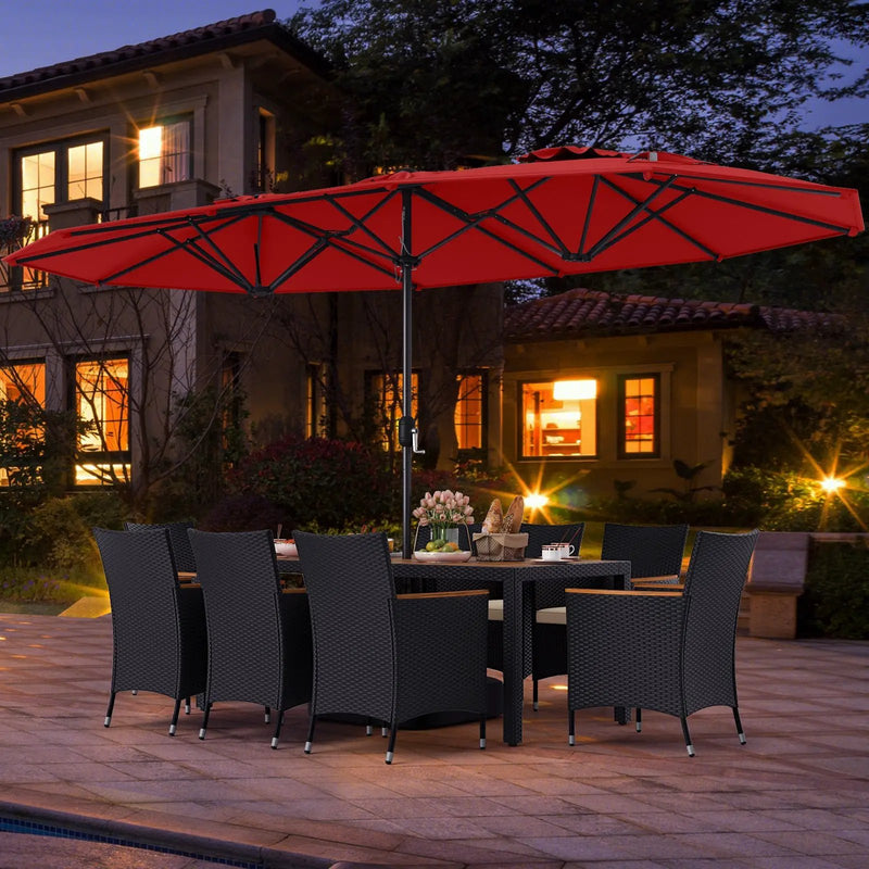 10 Piece Outdoor Dining Set with 15 Feet Double-Sided Twin Umbrella by DirectDeals