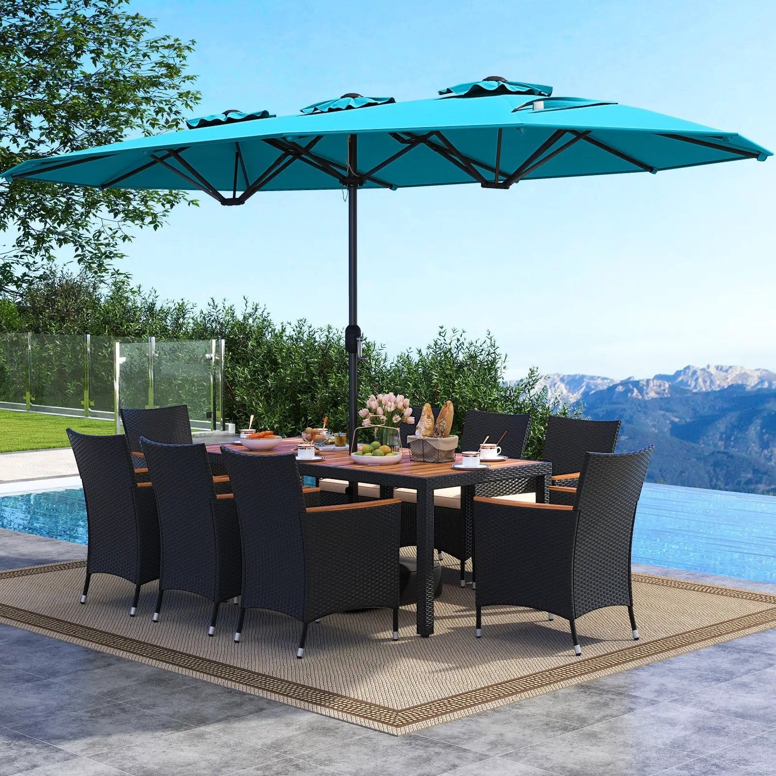 10 Piece Outdoor Dining Set with 15 Feet Double-Sided Twin Umbrella by DirectDeals