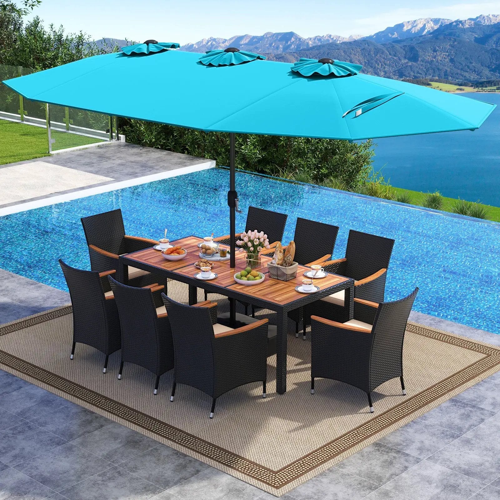 10 Piece Outdoor Dining Set with 15 Feet Double-Sided Twin Umbrella by DirectDeals