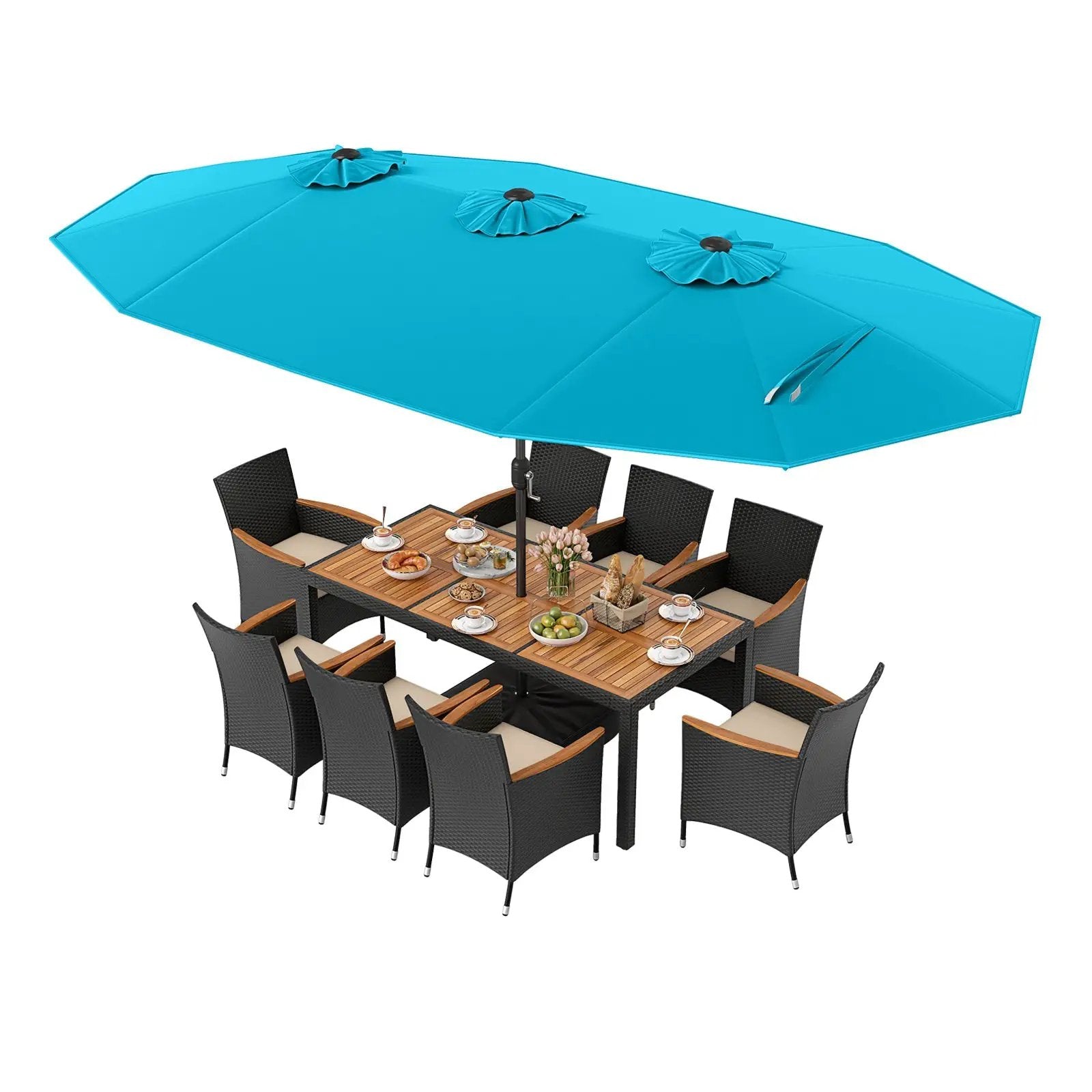 10 Piece Outdoor Dining Set with 15 Feet Double-Sided Twin Umbrella by DirectDeals