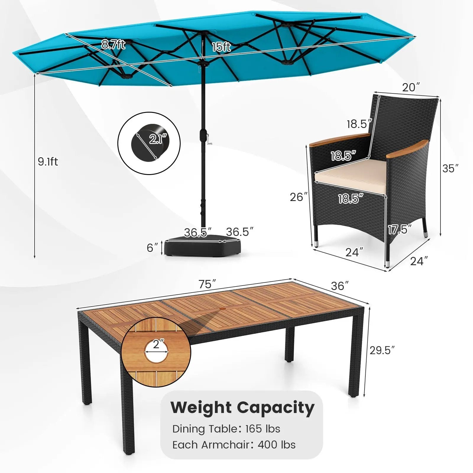 10 Piece Outdoor Dining Set with 15 Feet Double-Sided Twin Umbrella by DirectDeals