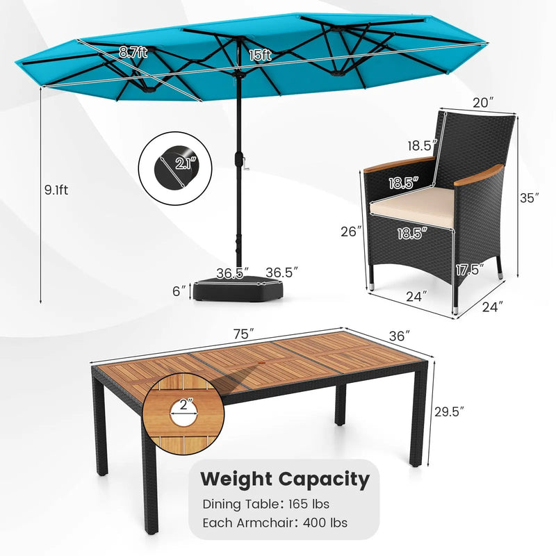 10 Piece Outdoor Dining Set with 15 Feet Double-Sided Twin Umbrella by DirectDeals
