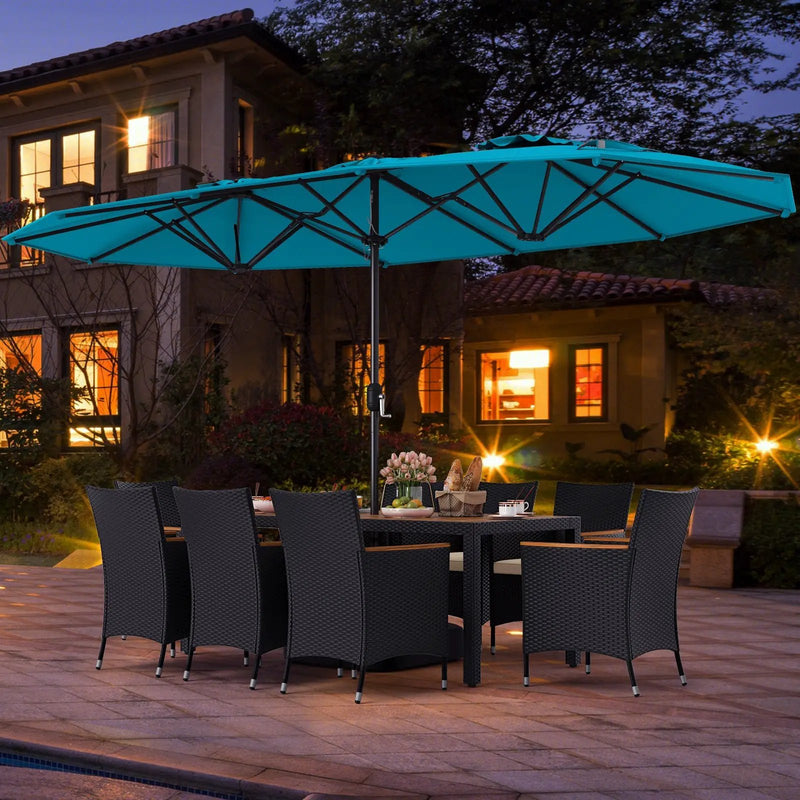 10 Piece Outdoor Dining Set with 15 Feet Double-Sided Twin Umbrella by DirectDeals