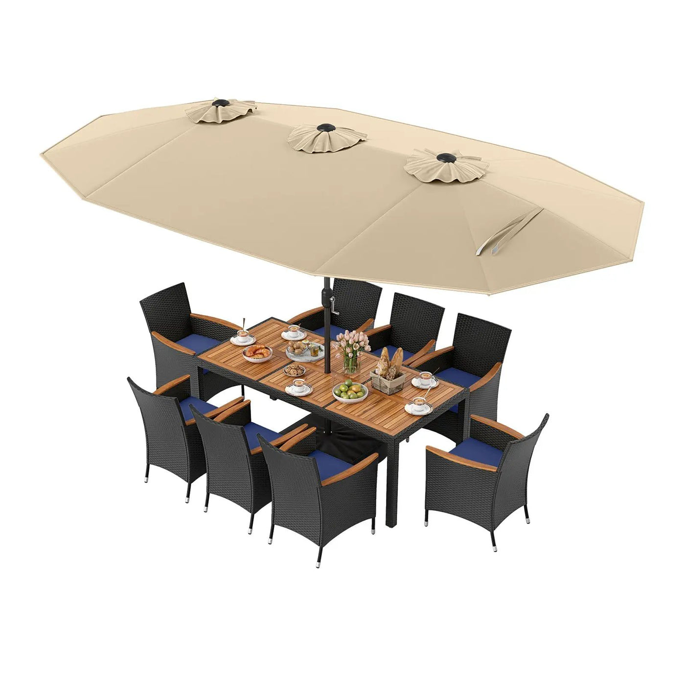 10 Piece Outdoor Patio Dining Set with 15 Feet Double-Sided Twin Umbrella by DirectDeals