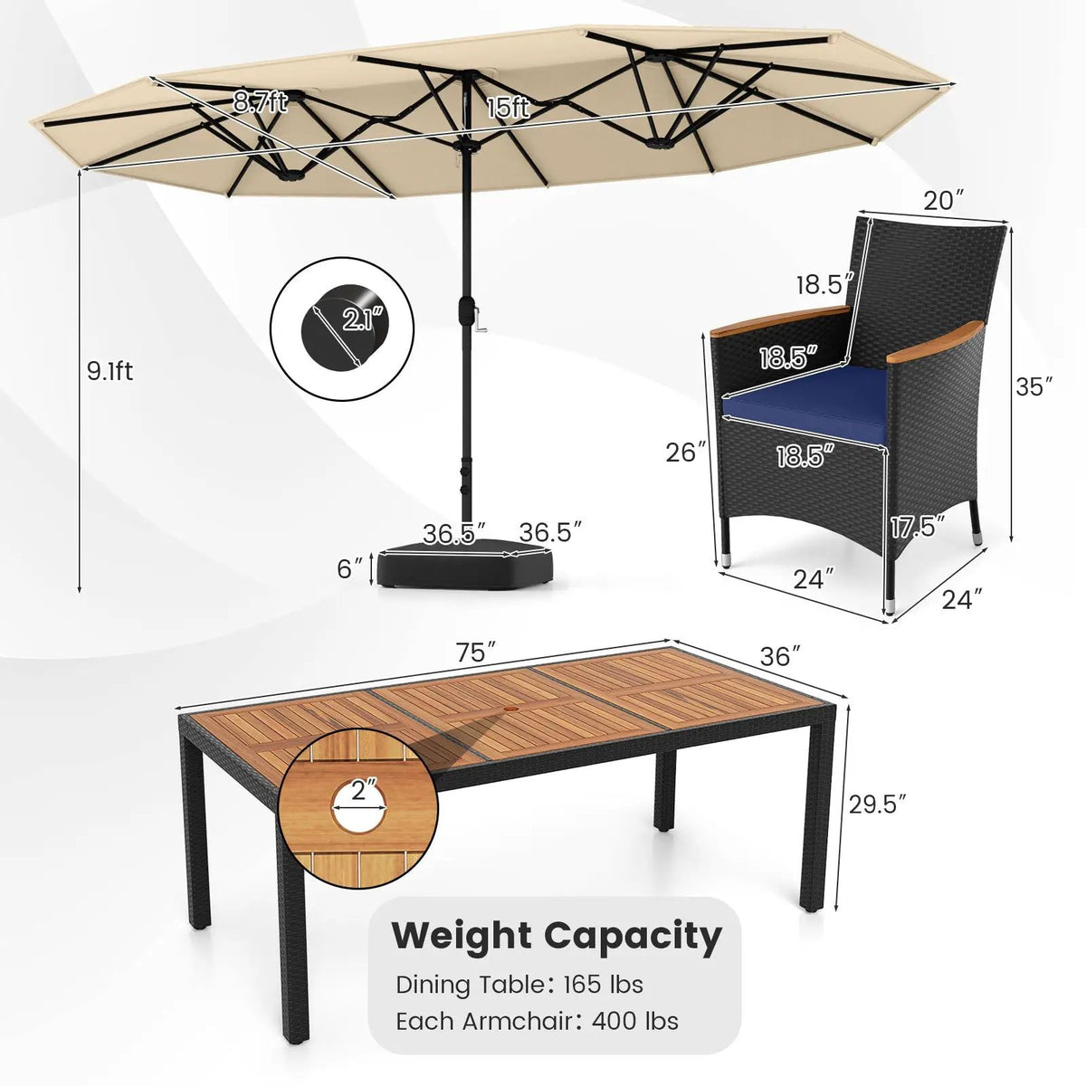 10 Piece Outdoor Patio Dining Set with 15 Feet Double-Sided Twin Umbrella by DirectDeals